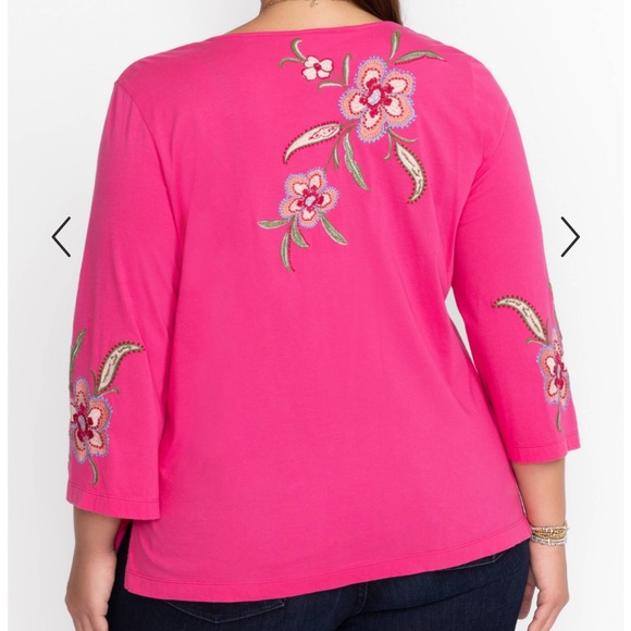 Johnny Was JWLA Libbi 3/4 Sleeve Flamingo Pink Embroidered Cotton Henley Top 1X - Picture 5 of 16